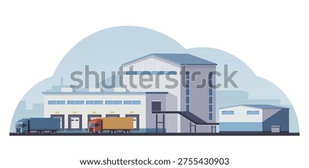 Factory with trucks shown in flat style on a light cityscape background, representing logistics and industry. Vector illustration