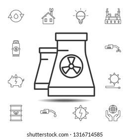 Factory tubes with radiation sign icon. Simple thin line, outline vector element of Sustainable Energy icons set for UI and UX, website or mobile application