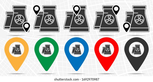 Factory tubes with radiation sign icon in location set. Simple glyph, flat illustration element of sustainable energy theme icons