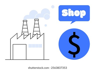 Factory with two chimneys and billowing smoke is paired with a blue speech bubble that says Shop and a dollar sign inside a blue circle. Ideal for manufacturing, e-commerce, business, shopping