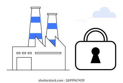 Fábrica con dos chimeneas y el símbolo de la cerradura Grande adyacente que representa la seguridad. Ideal para fabricación, seguridad industrial, ciberseguridad, protección de datos, operaciones seguras, infraestructura