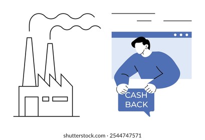 Factory with two smokestacks on the left and a person holding a Cash Back sign on the right. Ideal for business, finance, savings, manufacturing, online services