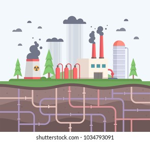 Factory with underground pipes - modern flat design style vector illustration. A composition with a big plant making hazardous substances emissions. Smoke in the air. Air pollution, ecological concept