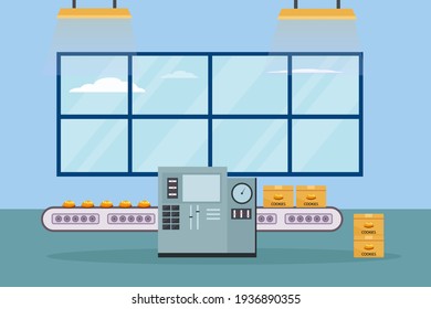 Factory vector concept: Factory conveyer packing cookies on the cardboard while using automated machine