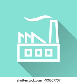 Factory   vector icon with long shadow. White illustration isolated on green background for graphic and web design.  