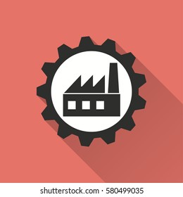 Factory vector icon with long shadow. Illustration isolated on red background for graphic and web design.