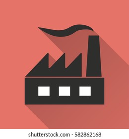 Factory vector icon with long shadow. Illustration isolated on red background for graphic and web design.