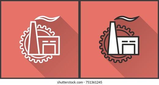 Factory vector icon with long shadow. Illustration on red background isolated for graphic and web design.