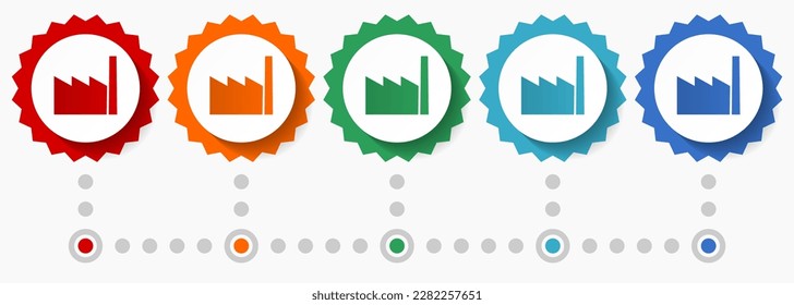 Factory vector icon set, colorful infographic template, set of flat design badge icons in 5 color options
