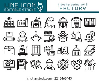 Factory vector icon set. Editable line stroke.