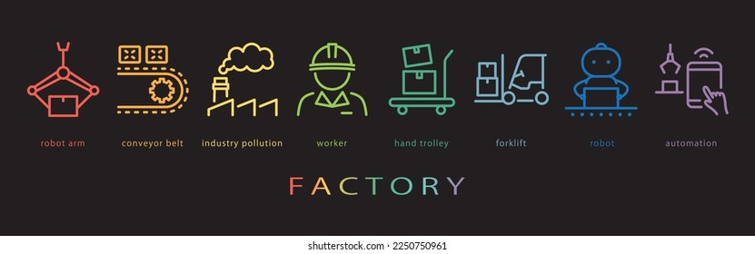 Factory vector icon set. neon color on black background.