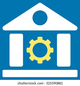 Factory vector icon. Style is bicolor flat symbol, yellow and white colors, rounded angles, blue background.