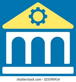 Factory vector icon. Style is bicolor flat symbol, yellow and white colors, rounded angles, blue background.