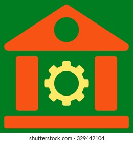 Factory vector icon. Style is bicolor flat symbol, orange and yellow colors, rounded angles, green background.