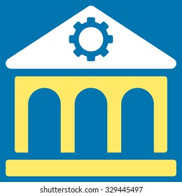 Factory vector icon. Style is bicolor flat symbol, yellow and white colors, rounded angles, blue background.