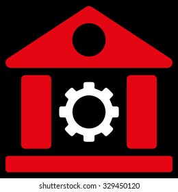 Factory vector icon. Style is bicolor flat symbol, red and white colors, rounded angles, black background.