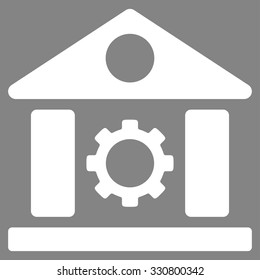Factory vector icon. Style is flat symbol, white color, rounded angles, gray background.
