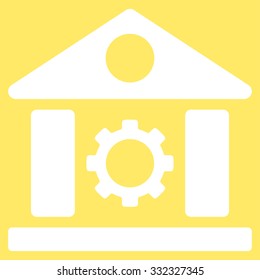 Factory vector icon. Style is flat symbol, white color, rounded angles, yellow background.