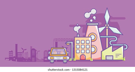 Factory Vector Illustration is the vector illustration about a factory in the city with a car that parking in that city. A unique style and purple background