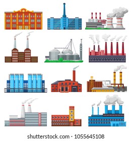 Factory vector industrial building and industry or manufacture with engineering power illustration set of manufacturing construction producing energy or electricity isolated on white background