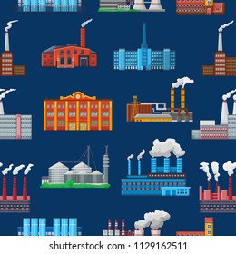 Factory vector industrial building and industry or manufacture with engineering power illustration set of manufacturing construction producing energy or electricity seamless pattern background