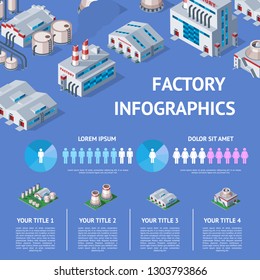 Factory vector industrial building and industry manufacture with engineering power illustration isometric infographics map of manufacturing construction producing energy or electricity on background