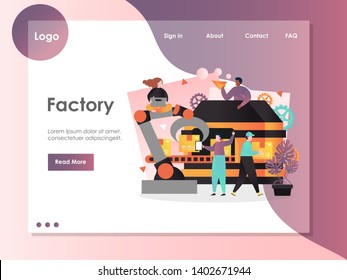 Factory vector website template, web page and landing page design for website and mobile site development. Robotic pick and place automation technology concept.