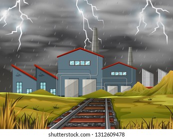 Factory view strom night scene illustration