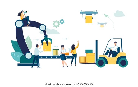 Factory warehouse automation Robots working industrial warehouses, machines helping workers and loading cardboard boxes with goods. 4, 4.0, production line, people at work, drones. Vector illustration