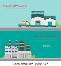 factory and warehouse background. infographics elements.  design for one page website, business banner, cover page, brochure template. vector illustration