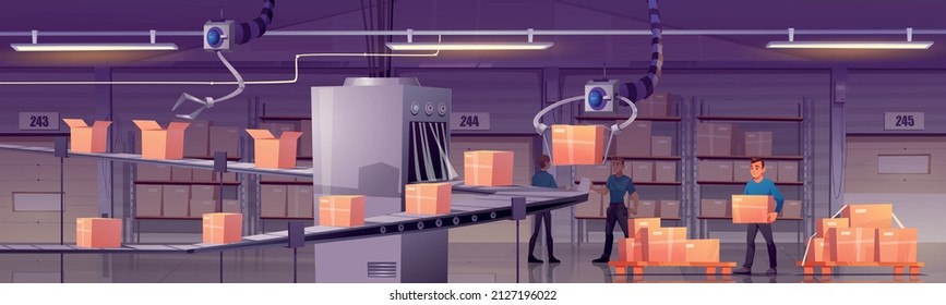 Factory warehouse with conveyor belt, automated robots, workers and cardboard boxes on shelves and pallets. Vector cartoon illustration of storage room interior with automatic production line