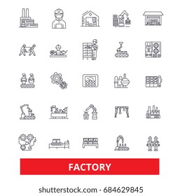 Factory, Warehouse, Facility, Workshop, Plant, Production, Manufacturing, Site Line Icons. Editable Strokes 