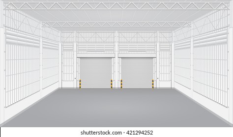 Factory or warehouse or industrial building. Protection with roller door or roller shutter. Interior design with concrete floor, structure and empty space for industry background. Vector illustration.