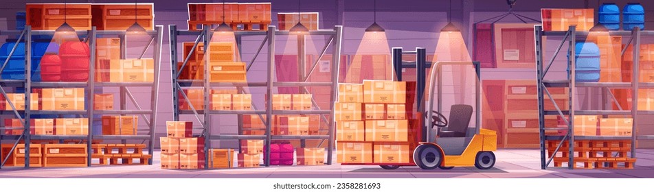 Factory warehouse interior and cargo storage vector background. Forklift holding box in store office hangar. Logistic stockroom inside cartoon design. Illustrated storehouse with container on shelves