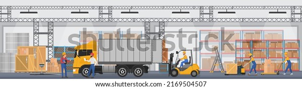 Factory warehouse interior with inventory,\
equipment, workers and truck vector illustration. Cartoon people in\
hardhats work, loading parcel boxes with goods into car background.\
Logistics concept