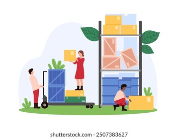 Factory warehouse, logistic service and goods distribution. Tiny people carry packages to storage in industrial storehouse, workers load boxes on shelf of rack pallet cartoon vector illustration