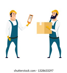 Factory Warehouse Worker Checking Box with List. Two Smiling Storage Male Engineer Character Wearing Overall Uniforn and Hard Hat. Man Holding Cardboard Box. Flat Cartoon Vector Illustration