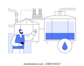 Ilustración vectorial del concepto abstracto de conservación del agua de fábrica. Trabajadores de fábrica revisando contenedores de recolección de agua de lluvia, cuidado de la ecología, metáfora abstracta del sector manufacturero sustentable.