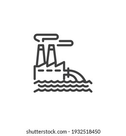 Factory water pollution line icon. linear style sign for mobile concept and web design. Industrial waste ocean pollution outline vector icon. Symbol, logo illustration. Vector graphics