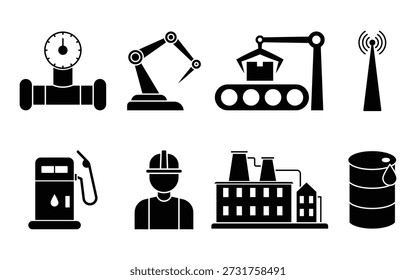Factory web black filed icon set. A variety of icons depict different aspects of industrial manufacturing. The icons include machinery, tools, and factory elements.