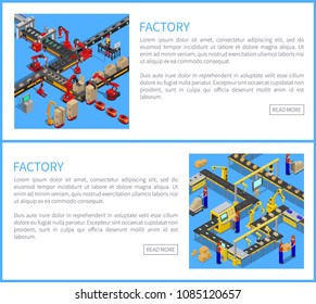 Factory web pages collection and text sample with headings, workers on production line, boxes creation transportation isolated on vector illustration