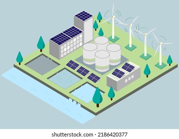 Factory which green effect to the world concept background. Zero emission energy creative with wind turbines, solar power and water treatment system