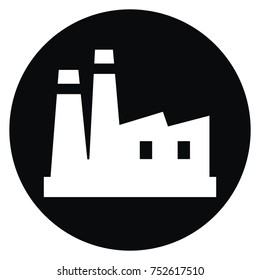 Factory, white icon at circle black frame, vector icon