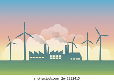 Factory, wind turbine, smoke, pollution, and clean energy in colorful sky background