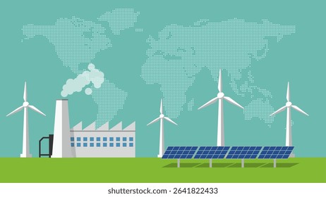 Factory, wind turbine, solar panel, world map, and clean energy concept in flat style