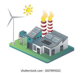 Factory with windmill and solar panels in isometric illustration
