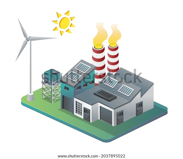 Factory with windmill and solar panels in\
isometric illustration