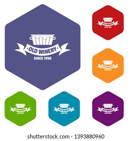 Factory winery icons vector colorful hexahedron set collection isolated on white 