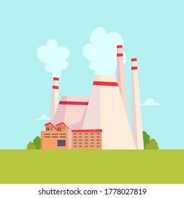 Factory witn big white pipes on green grass and blue sky. Ready for game design, web, mobile app design. Vector cartoon flat illustration.