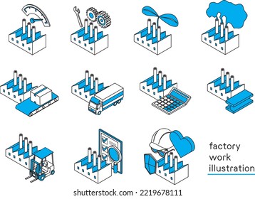 Factory work and activities illustration set